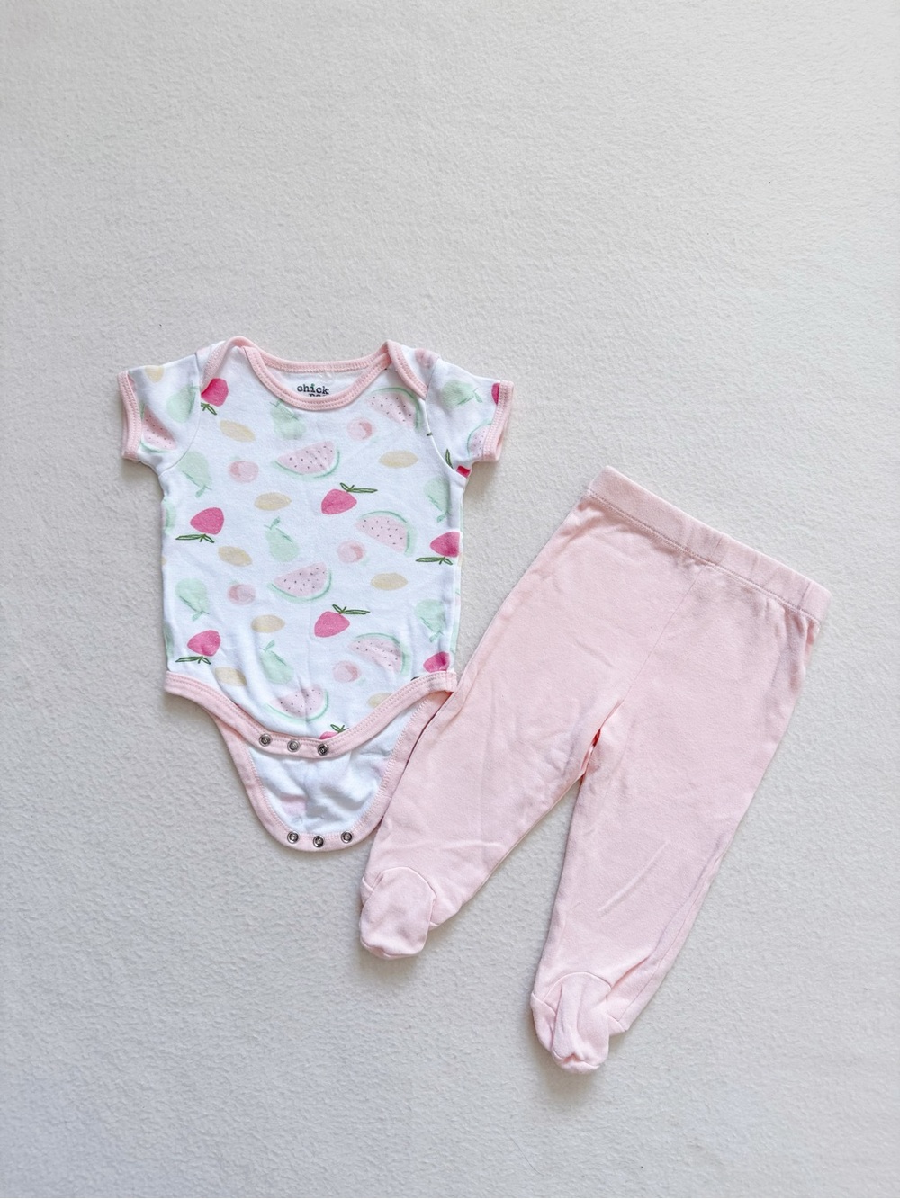 3/$25 Chick Pea Fruit Print Bodysuit Footed Pants Pink Cotton Short Sleeve 6-9M